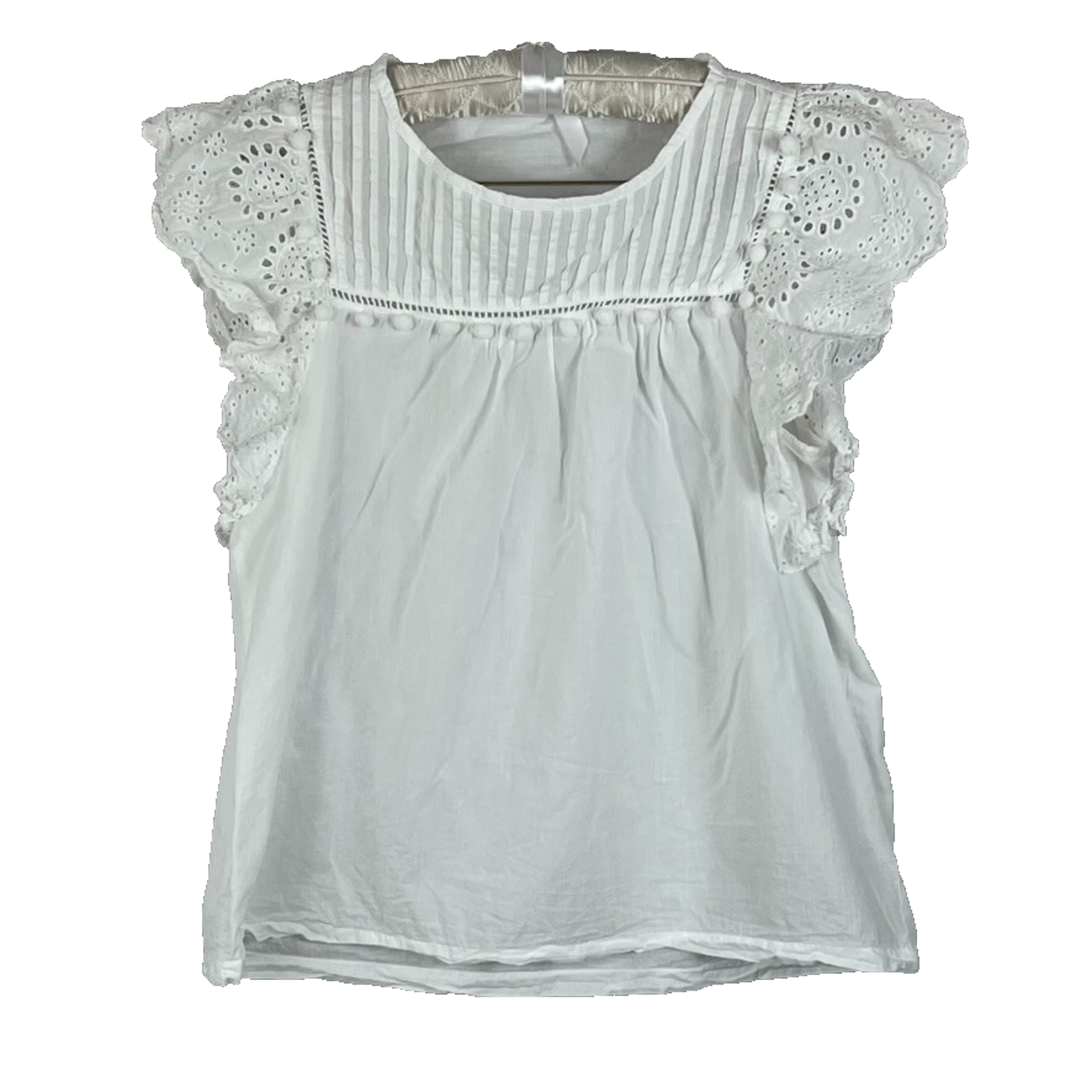 Blouse Womens Size L White Lightweight Pom Pom Eyelet Flutter Doily Sleeve